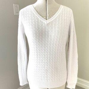 STUDIO WORKS NWT Womens V-Neck Sweater Cable Knit Pullover Classic White SZ MED